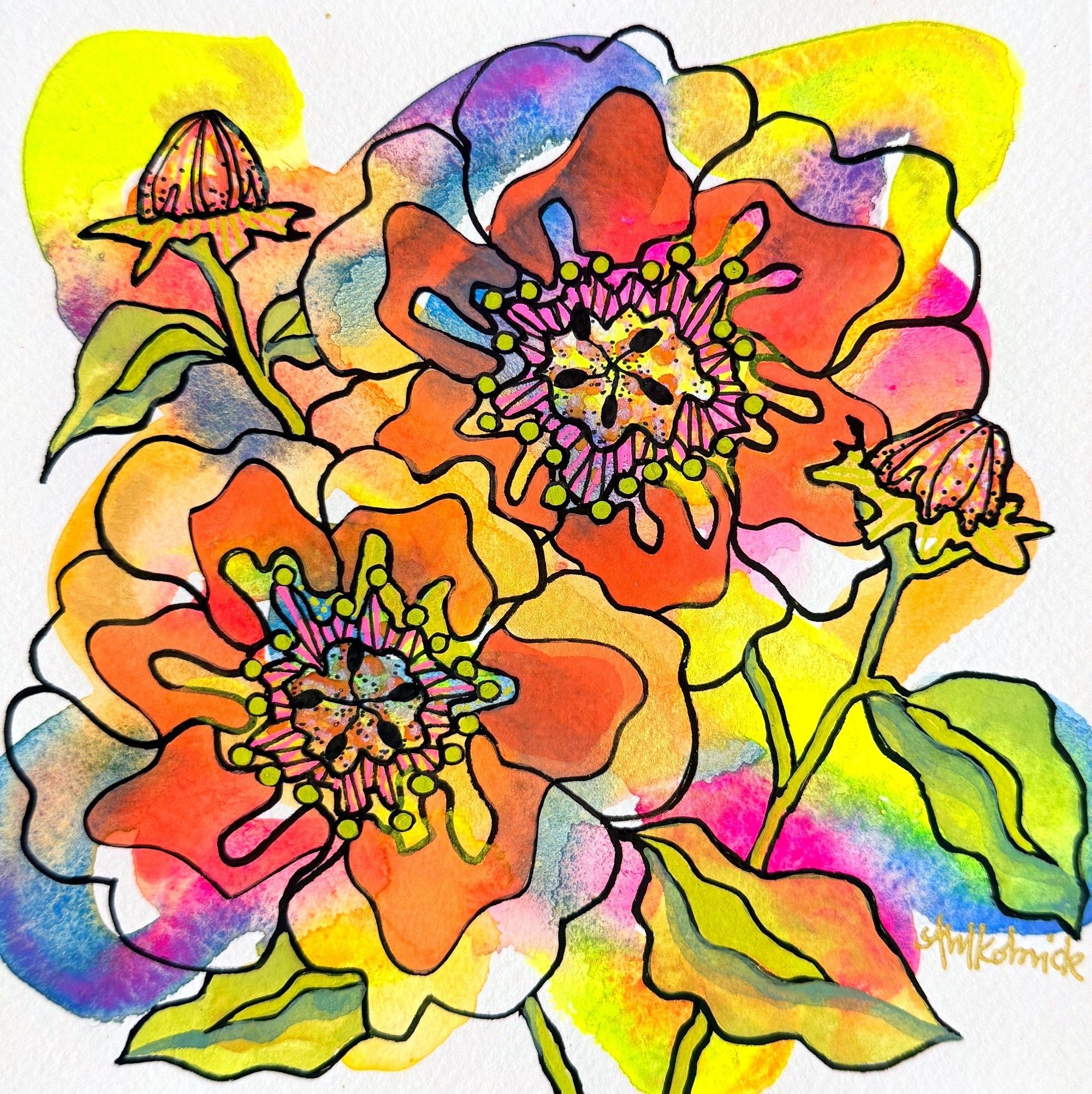 Lightning Bug Glow, watercolor and ink painting on paper