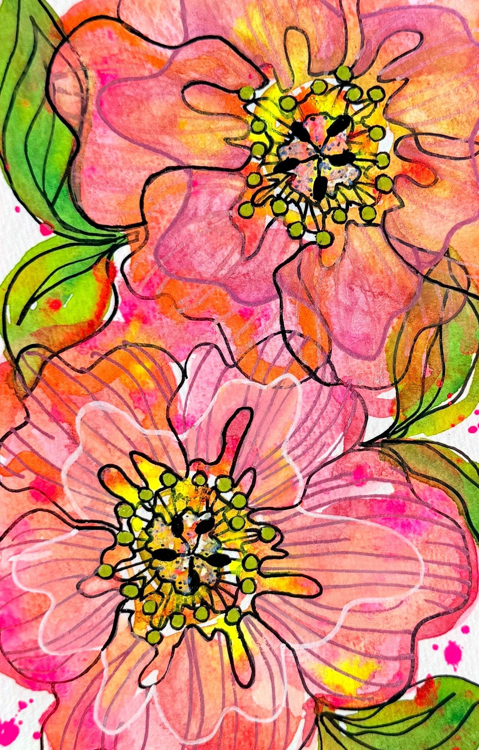 Pinstriped Petals, watercolor and ink painting on paper