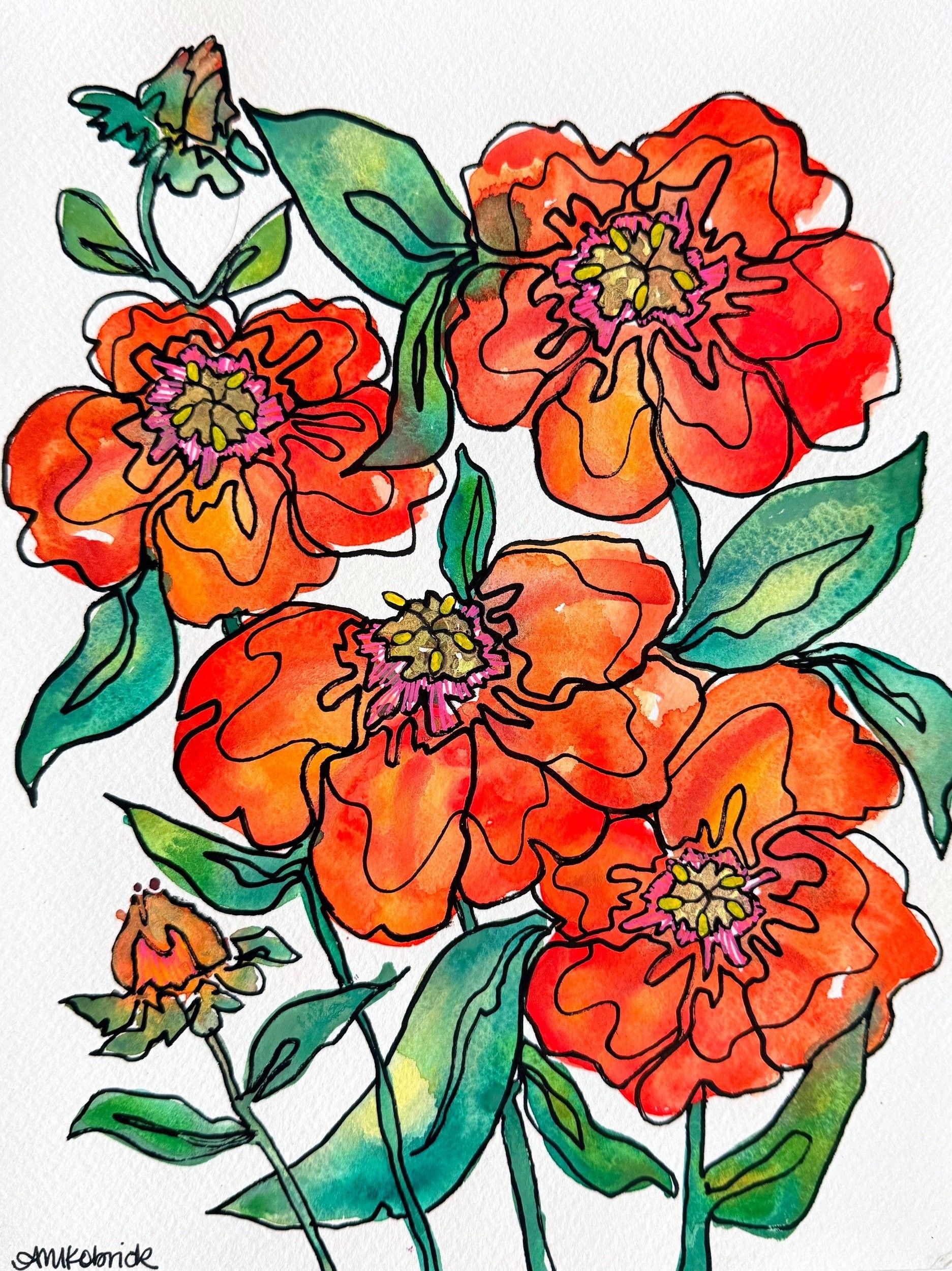 Poppies Will Put Them to Sleep, watercolor and ink painting on paper