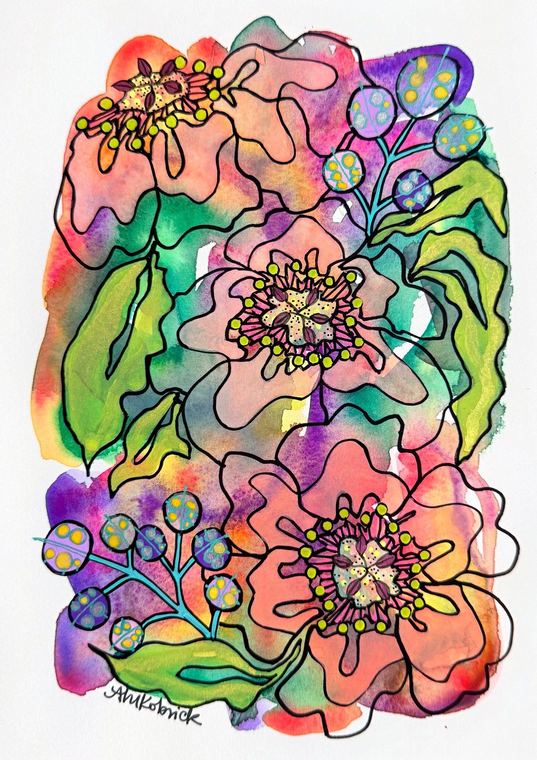 Purple Passion Flower, watercolor and ink painting on paper
