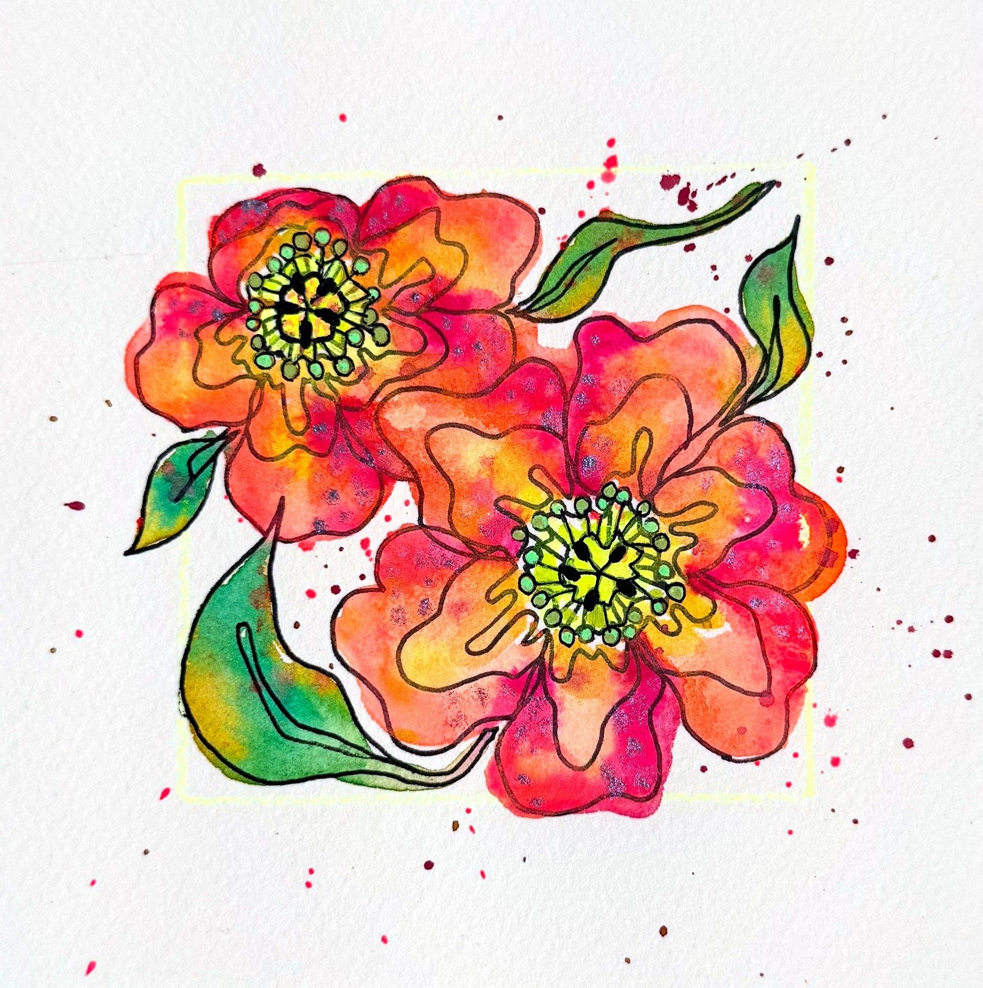 Red Pocket Posies, watercolor and ink painting on paper