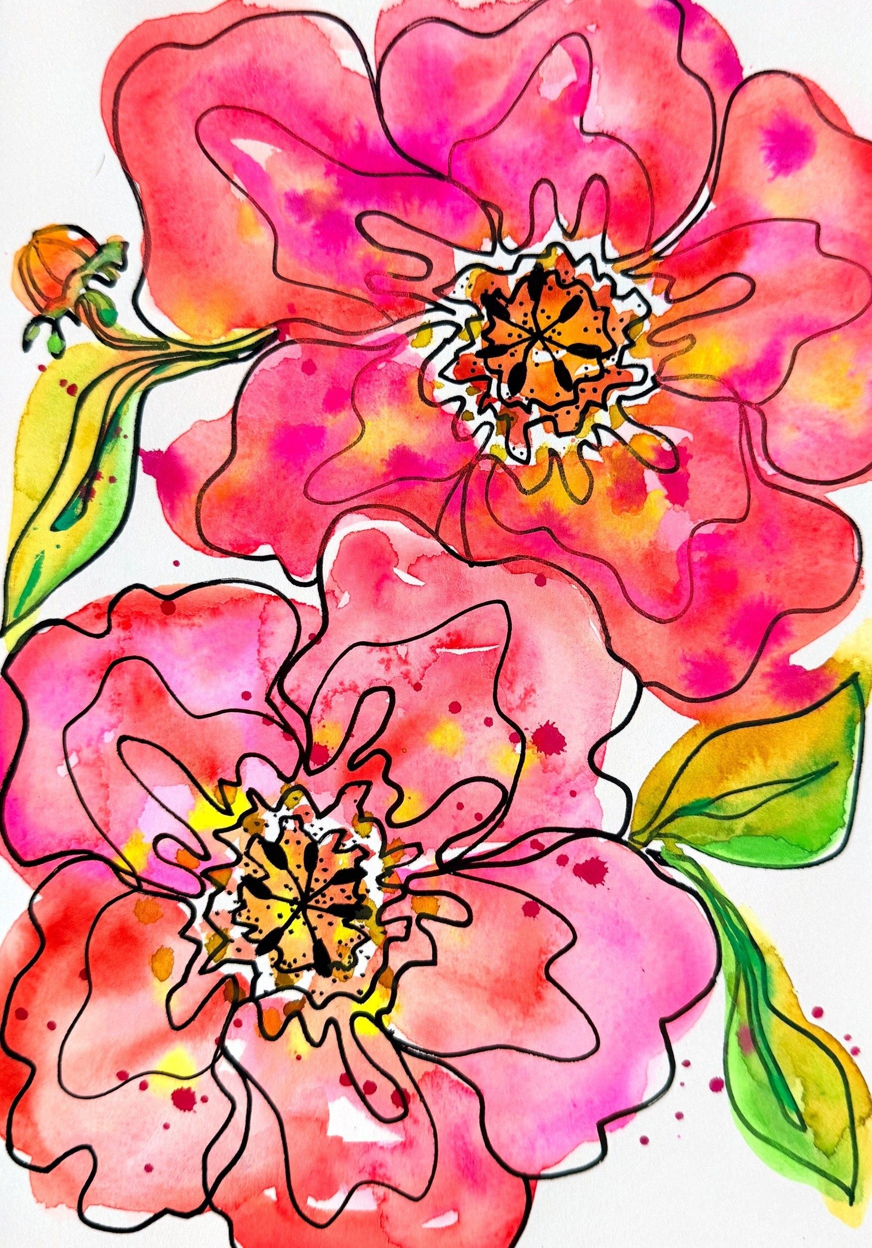 Rugosa I, watercolor and ink painting of two pink wild roses with orange centers and green leaves