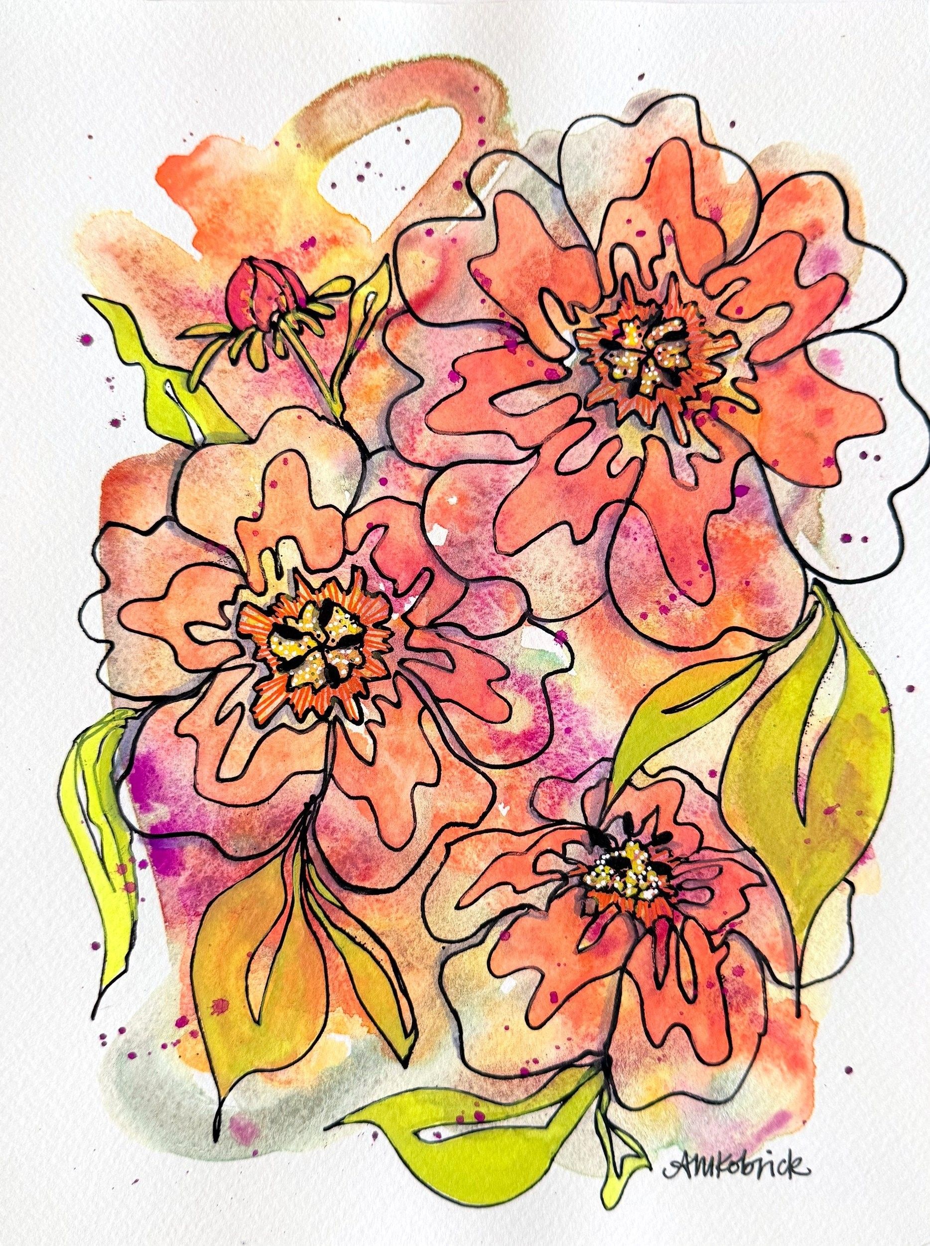 Rugosa II - Fuzzy Navel, watercolor and ink painting of three peach and coral flowers and a bud with yellow-green leaves
