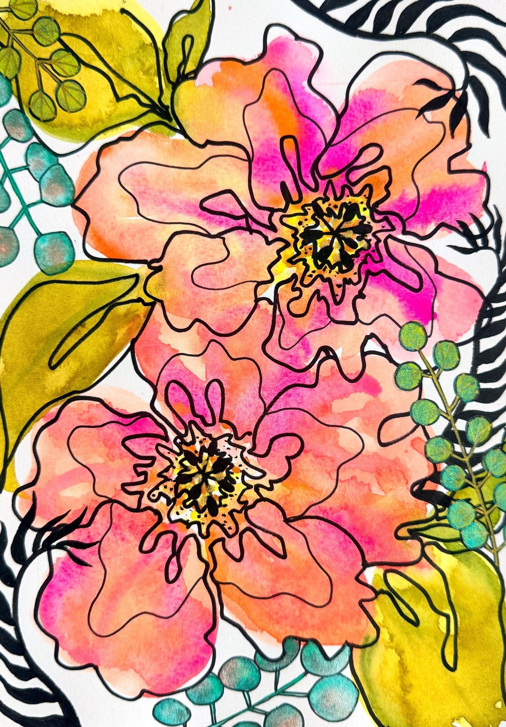 Rugosa III - Coral Karma Camellia, watercolor and ink painting of coral camellia blossoms
