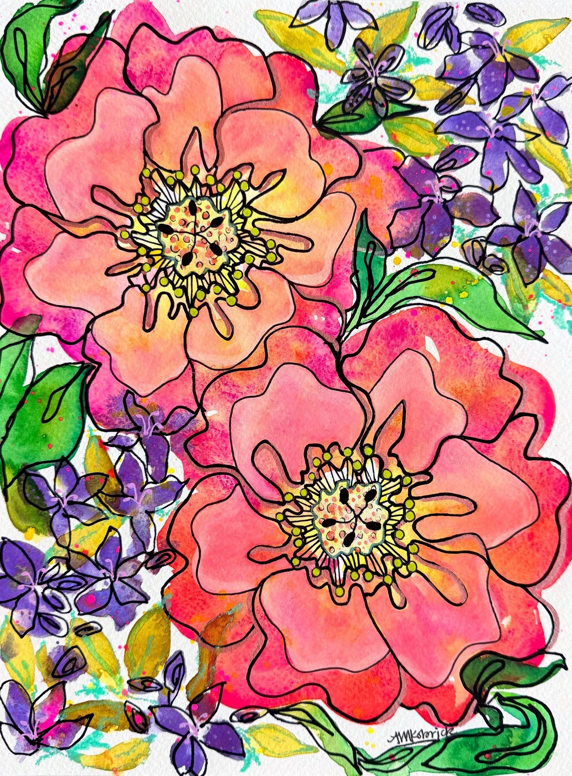Rugosa IV - Wild Violets, watercolor and ink painting of two coral wild roses surrounded by purple violets and green leaves